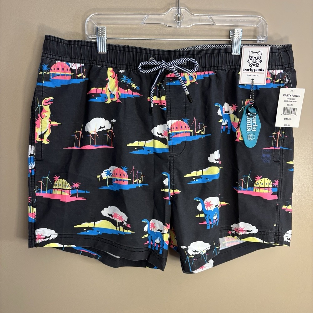 Party Pants Mens Coachella Retro Vintage Dinosaur Athletic Swim Trunks Sz XXL